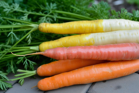 Fresh carrots with green leaves on wooden background. Selective focus.の素材