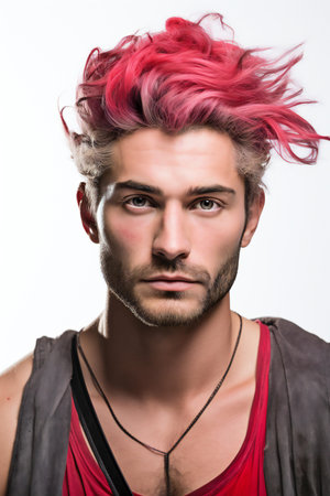 Portrait of young handsome man with pink hair. Studio shot.の素材