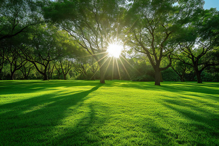 Green grass field and tree with sunlight in the public park at sunsetの素材
