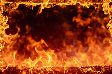Fire flames on black background, closeup of fire flame texture.の素材