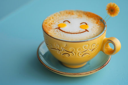 Cappuccino with smiley face and flower on blue backgroundの素材