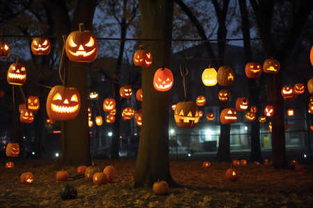Halloween pumpkins in the park at night with lanterns and decorationsの素材
