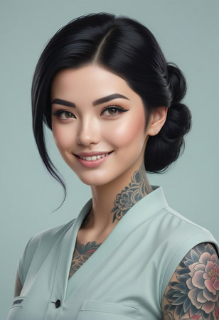 Beautiful asian woman with tattoo on her arm, grey backgroundの素材
