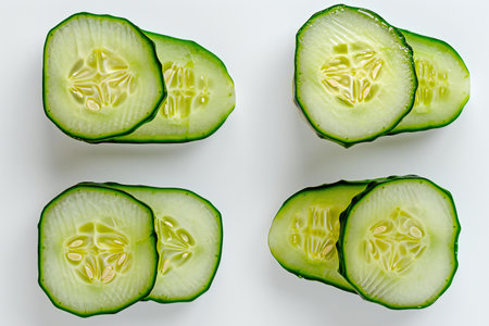 Cucumber slices isolated on white background. Flat lay, top viewの素材