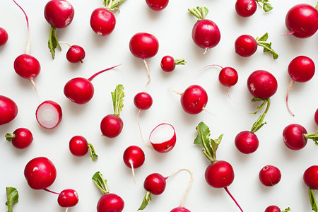 Red radishes on white background. Flat lay, top view.の素材