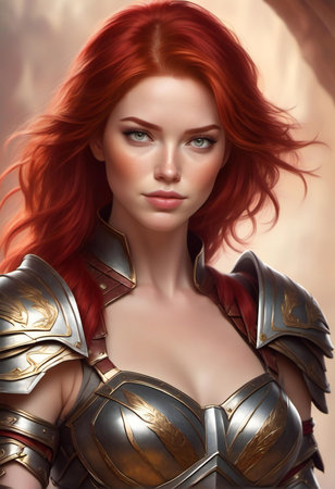 illustration of a female knight in armor with red hair.の素材
