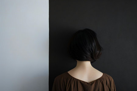Woman with black hair, back view, back view, black backgroundの素材