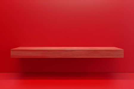 Wooden shelf on red background.  Empty shelf for product display.の素材