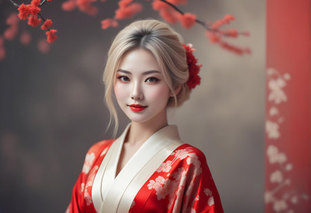 beautiful asian woman in red kimono with cherry blossomの素材
