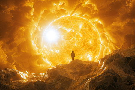 Man standing on the background of the sun.の素材