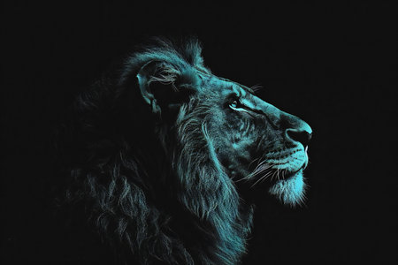 Portrait of a lion on a black background. Studio shot.の素材