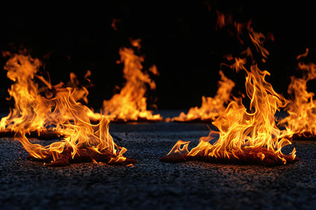 Flame of fire on the road at night. Abstract background.の素材