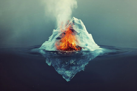 Iceberg in the sea with a lot of smoke and fire.の素材