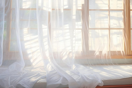 white curtain on window with morning light, interior design decoration concept.の素材