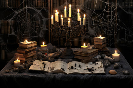 Halloween still life with books, candles and spiders on dark backgroundの素材