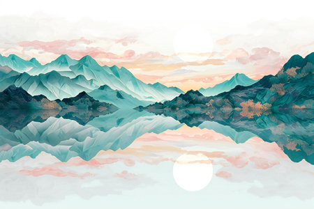 Mountains and lake. Landscape with mountains and lake. Digital illustration.の素材