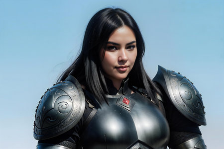 Beautiful asian girl in black armor on blue sky background.の素材