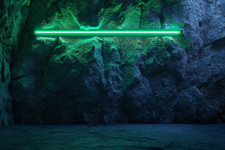 Green neon light in the dark cave. Neon light background.の素材