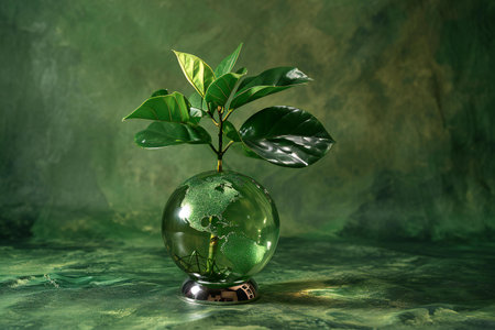 Green plant in a glass globe on a green background. Ecology conceptの素材