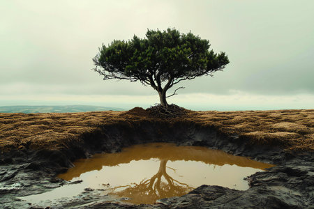 Lonely pine tree in a puddle on the grasslandの素材