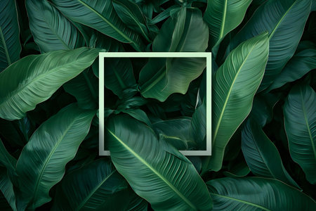 Creative layout made of green tropical leaves. Flat lay, top view minimal nature concept.の素材