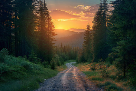 Dirt road in the mountains at sunset. Carpathians, Ukraineの素材