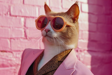 Cat wearing sunglasses and coat on pink brick wall background, closeupの素材