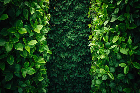 Green leaves wall background with copy space for text or image. Nature and environment concept.の素材