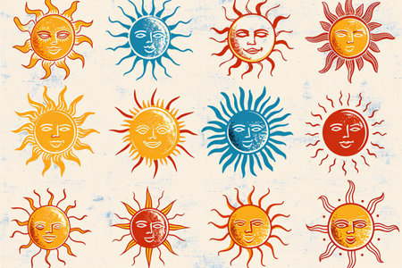Set of suns and faces in retro style.の素材