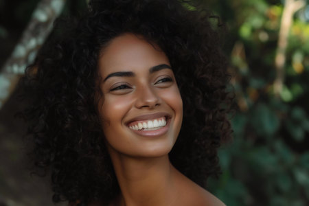 Beautiful young african american woman with curly hair smiling.の素材