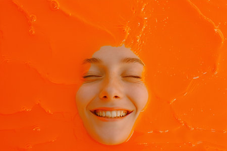 Happy young woman in an orange inflatable swimming pool. Top viewの素材