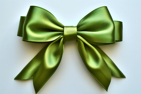 Green satin bow on white background. Bow for the holiday.の素材