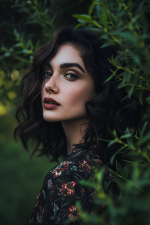 Portrait of a beautiful young woman with long curly hair in the gardenの素材