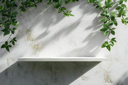 Empty white shelf on cement wall with green leaves.の素材