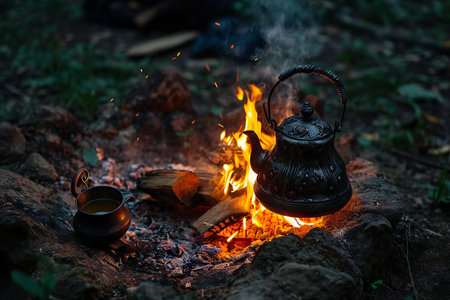 Teapot and cups on a campfire in the forest.の素材