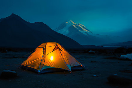 Camping in the mountains at sunset with a view of Mount Cookの素材
