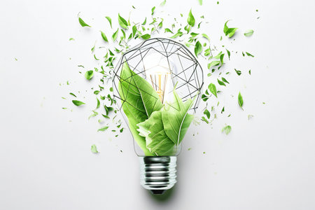 Eco energy concept with lightbulb and green leaves on white backgroundの素材