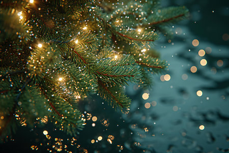 Christmas tree branch with bokeh lights and snowflakes backgroundの素材