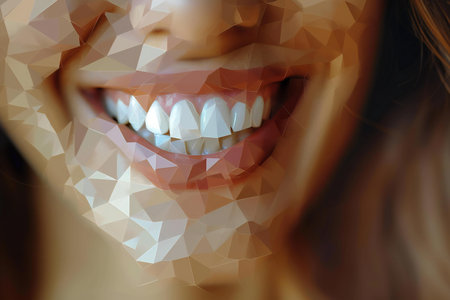 Low angle view of smiling young woman with white teeth against low poly backgroundの素材