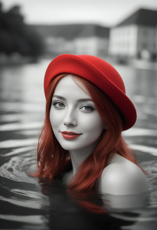Portrait of a beautiful red-haired girl in a red hatの素材