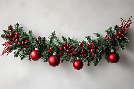Christmas garland with red baubles on a gray background.の素材