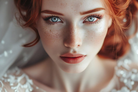 Close-up portrait of beautiful red-haired girl with frecklesの素材