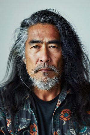 Portrait of an old man with long gray hair and beard.の素材