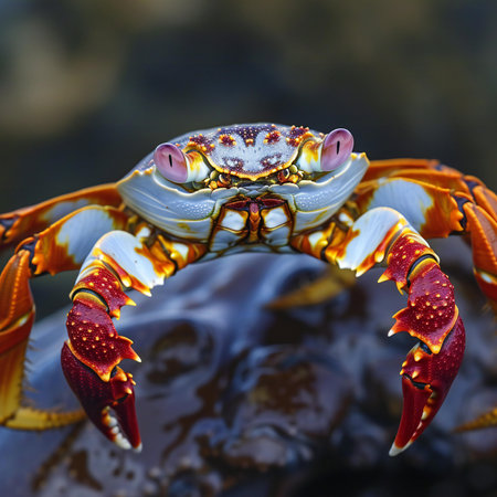 A closeup shot of a red rock crab with a blurred backgroundの素材