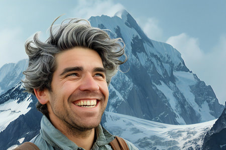 Portrait of a young man on the background of snow-capped mountainsの素材