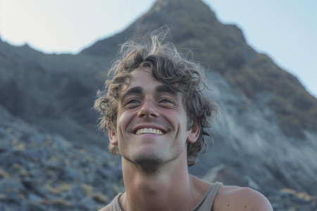 Portrait of a young man smiling at the camera in the mountainsの素材