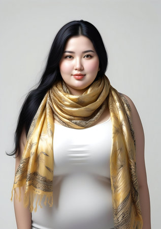 Beautiful asian woman wearing a yellow silk scarf, studio shotの素材