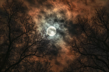 Full moon in the night sky over the forest.の素材