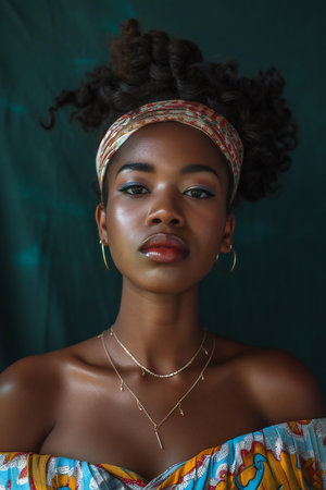 Portrait of a beautiful African American woman wearing a headscarfの素材