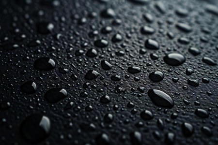 Water drops on black metal surface. Water drops on dark background.の素材